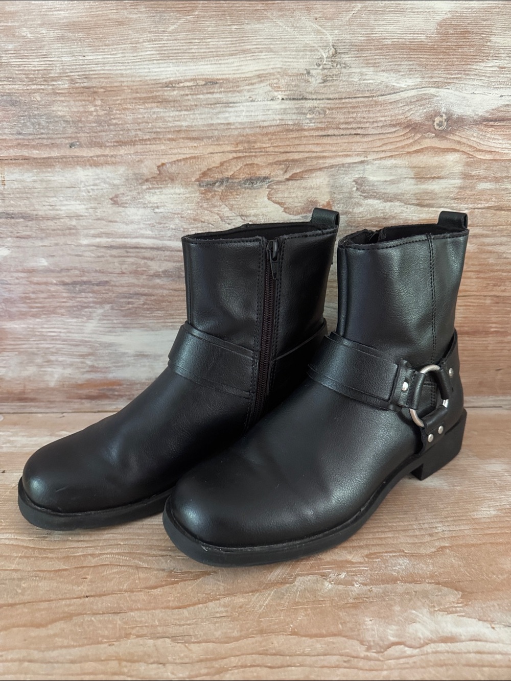 Zara Black Leather low Heeled Ankle Boots with Buckle